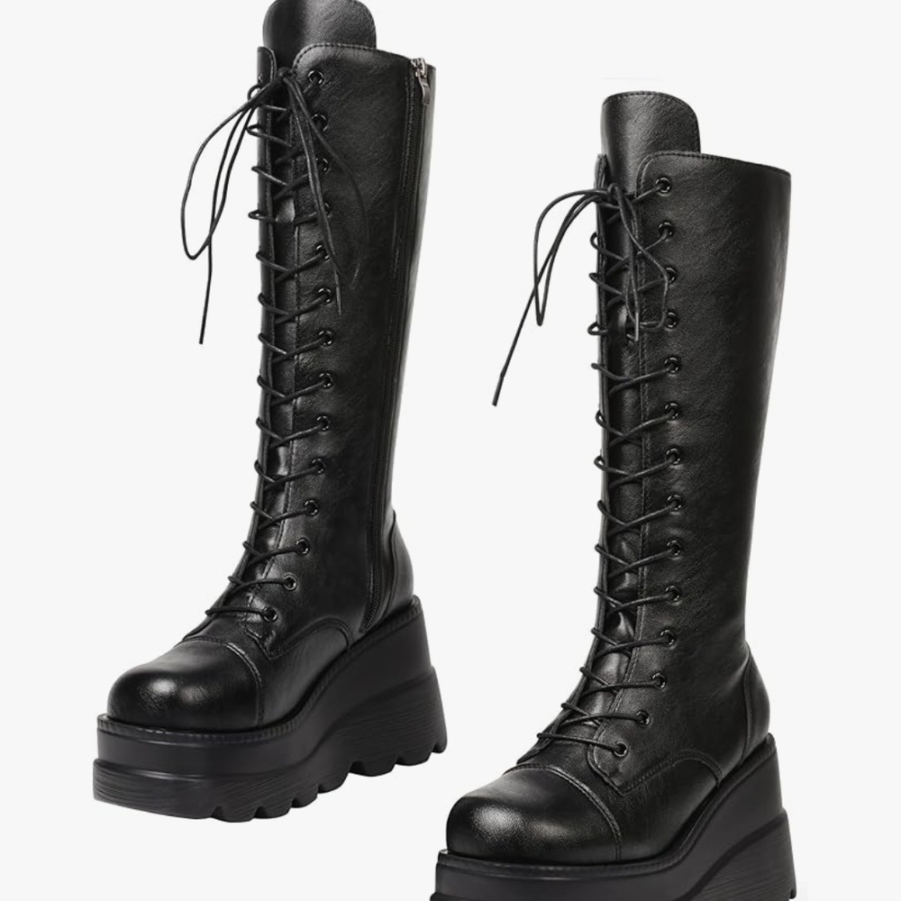 (SOLD!) High Platform Mid Calf Wedges Chunky Platform Round-Toe Side Zip Boots